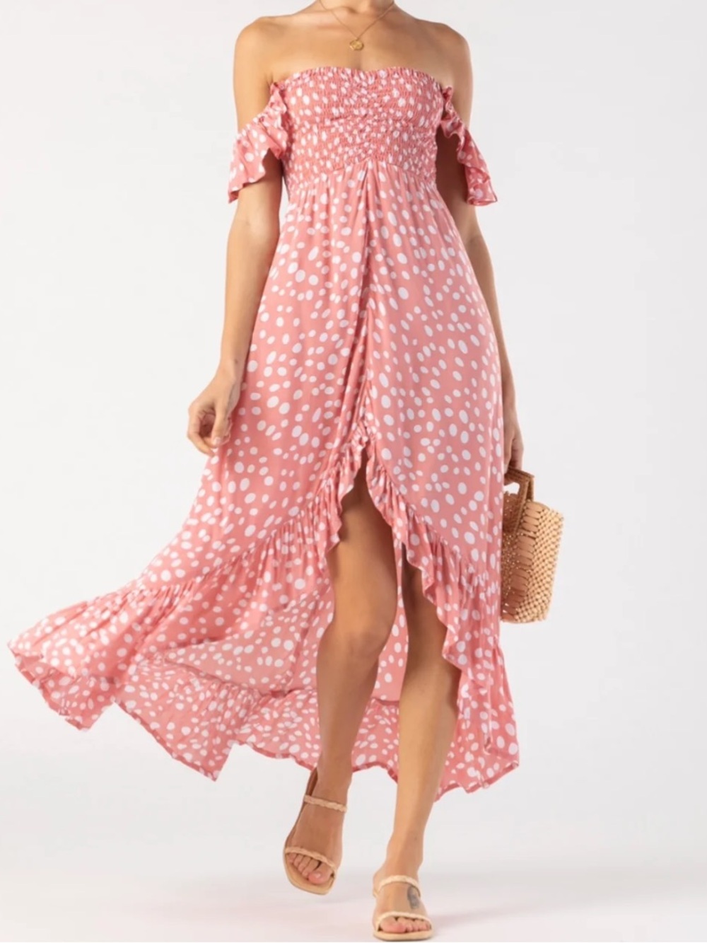 NWT Tiare Hawaii Brooklyn Maxi Dress Polka Dot Rayon Pink Rose M/L